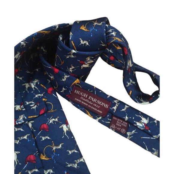 HUGH PARSONS Blue Hunting Silk Tie HANDMADE ENGLAND 59"/ 3.8" EC - Picture 4 of 9